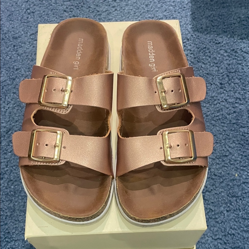 Madden Girl Woman Tan Sandals with Gold Buckles